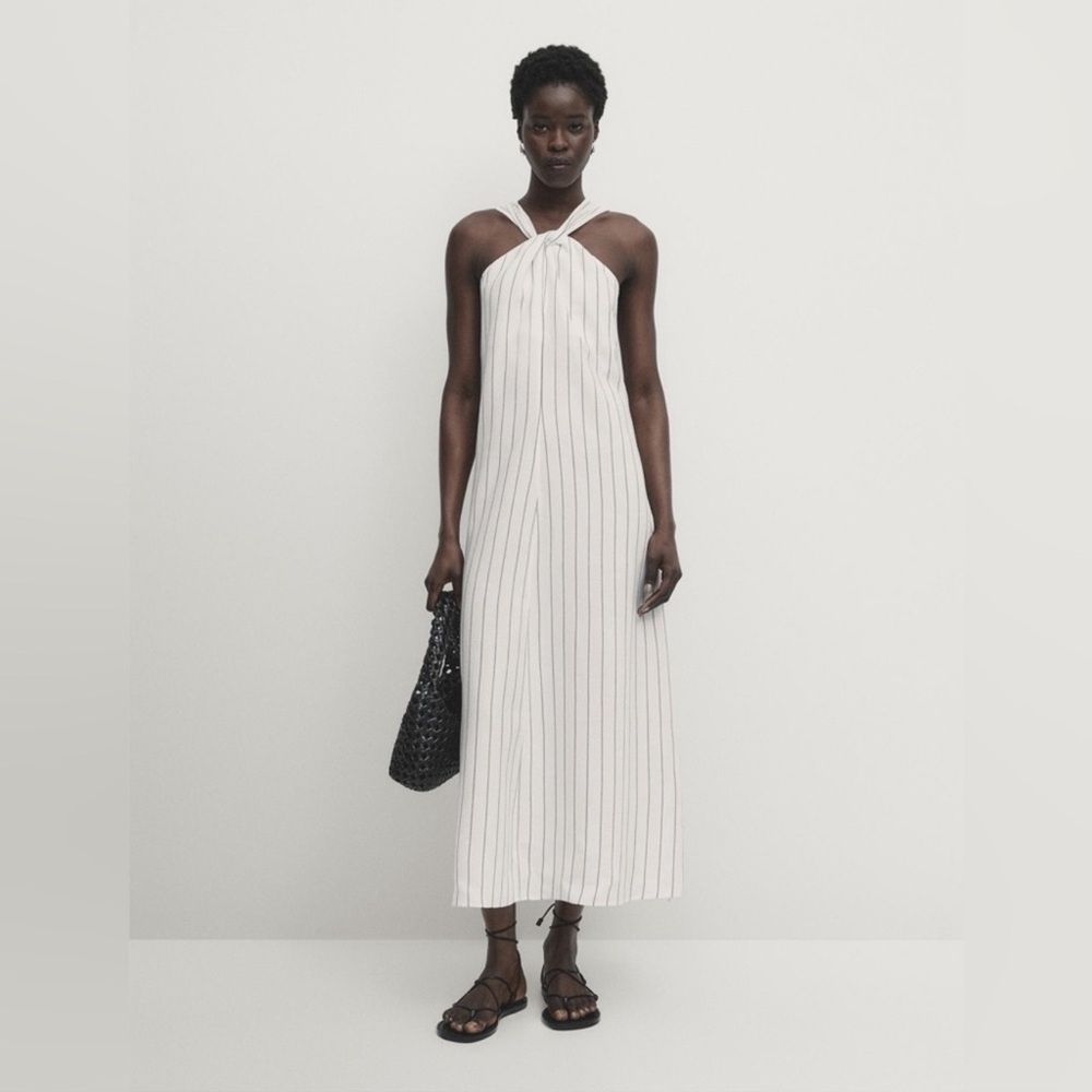 NWT Massimo‎ Dutti Women's Striped Halter Midi Dress White/Blue Small Elegant